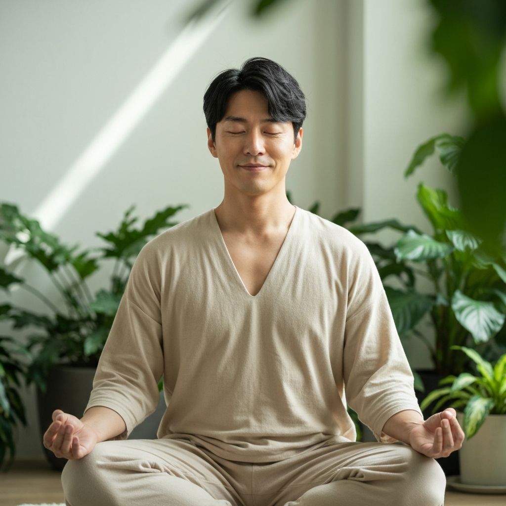 Muškarac u meditativnom stanju sa mirom i fokusом na licu u prirodnom okruženju