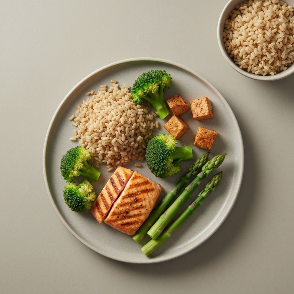 Uravnoteženi obrok sa raznovrsnim sastojcima - povrće, žitarice i proteini na beli tanjir